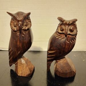 Vintage Hand-Carved Ironwood Horned Owls Mid-Century Modern Decor Figurine
